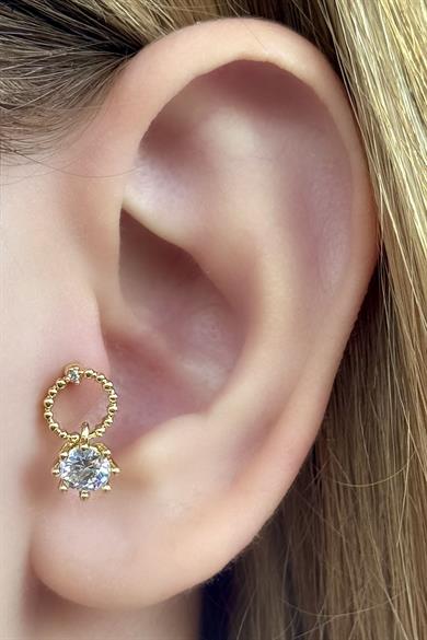 Altın Renk Taş Detaylı Çelik Tragus/Kıkırdak Küpe/Piercing (Tek)