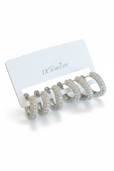 Gümüş Renk 6lı Taş Detaylı TX 14K Altın Kaplama Küpe Set