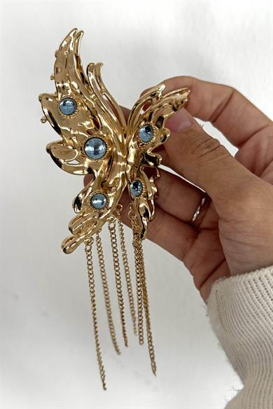 Altın Renk Kelebek Figürlü Taş Detaylı Sallantılı Metal Mandal Toka