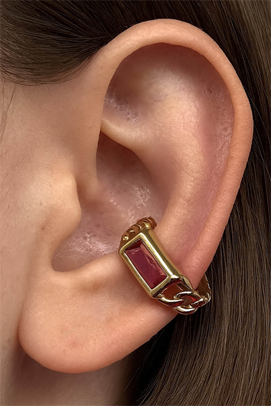 Altın Renk Taş Detaylı 14K Altın Kaplama TX Ear Cuff (Tek)