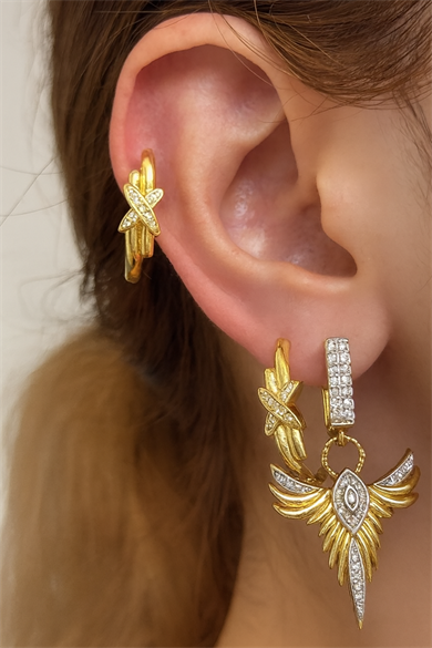 Altın Renk Taş Detaylı VİP 3lü YSX Küpe Set 