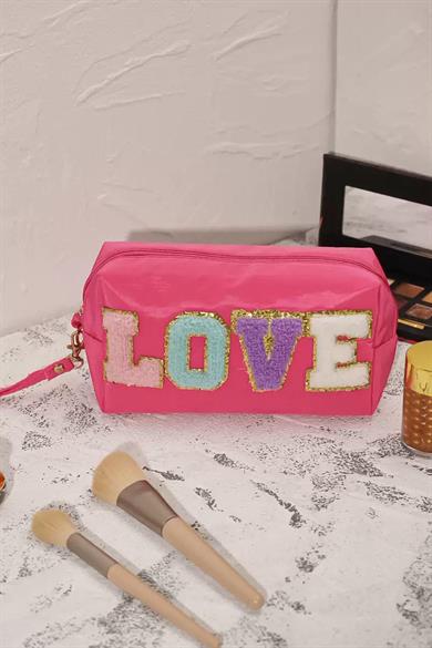 Pembe Renk Love Detaylı Makyaj Çantası