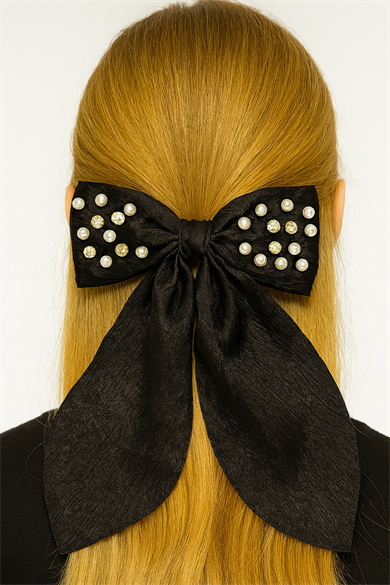 Siyah Renk Kurdele Figürlü İnci Ve Taş Detaylı Otomat Toka