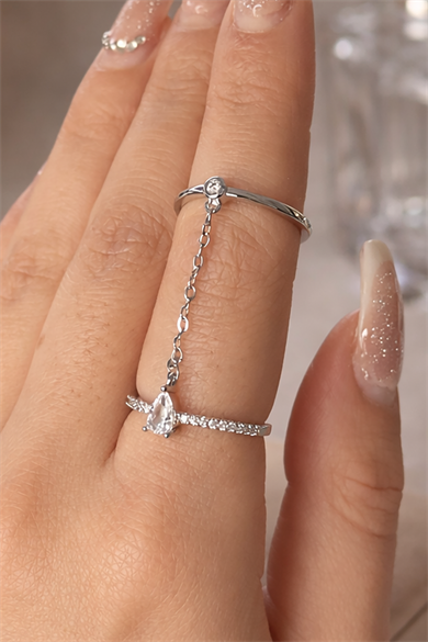 Gümüş Renk Taş Detaylı Sallantılı İkili Ayarlanabilir Yüzük