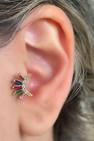Altın Renk Taş Detaylı Çelik Tragus/Kıkırdak Küpe/Piercing (Tek)