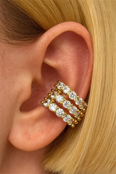 Altın Renk Taş Detaylı 14K Altın Kaplama TX Ear Cuff (Tek)