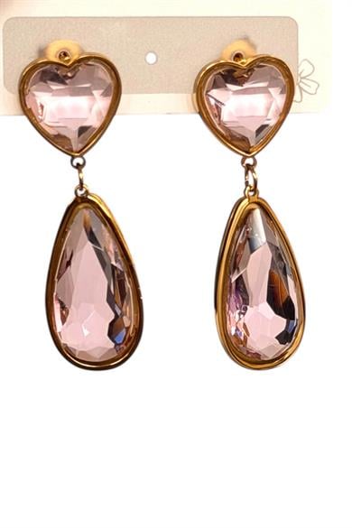 Altın Renk Pembe Taş Detaylı Kalp Figürlü Çelik Küpe (Çift)