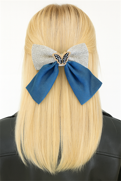 Lacivert Renk Kelebek Figürlü Taş Detaylı Kurdele Otomat Toka