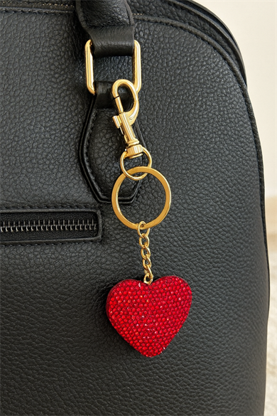 Altın Ve Kırmızı Renk Kalp Figürlü Taş Detaylı Çanta Charm/ Anahtarlık