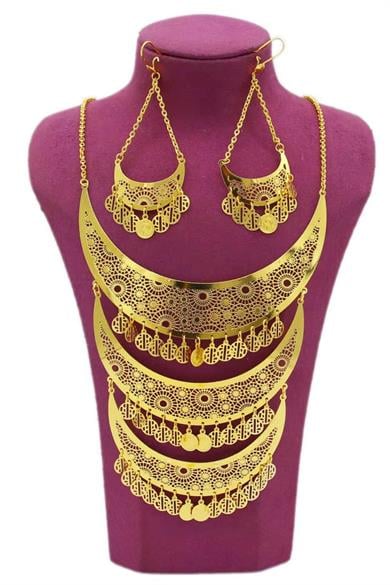 Altın Renk Sallantılı Kolye Ve Küpe Düğün Kına Nişan Gelin Seti