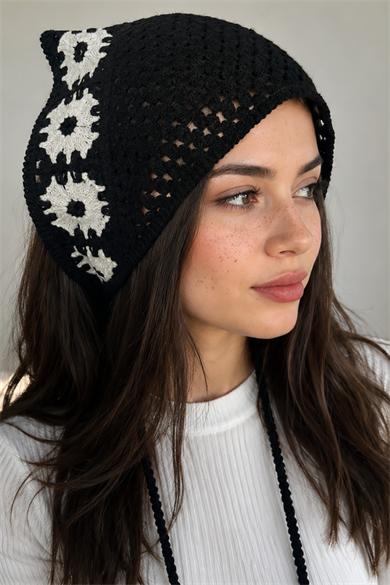 Siyah Renk Çiçek Desenli Örgü Saç Bandana