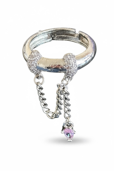 Gümüş Renk Taş Detaylı Sallantılı Ayarlanabilir Yüzük