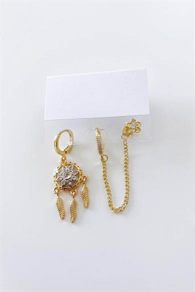 Altın Renk Yaprak Figürlü Taş Detaylı 3lü Küpe Set