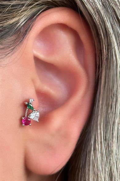 Gümüş Renk Renkli Taş Detaylı Çelik Tragus/Kıkırdak Küpe/Piercing (Tek)