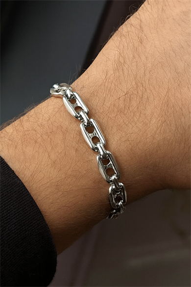 Gümüş Renk Zincir Detaylı Çelik Erkek Bileklik