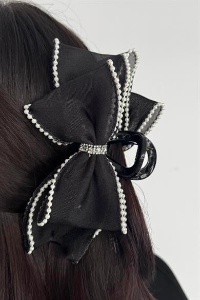 Siyah Renk Kurdele Figürlü İnci Detaylı Mandal Toka