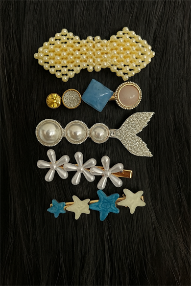 Mavi Renk Taş Detaylı 5li Yan Toka Set