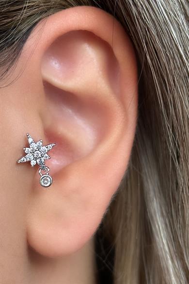 Gümüş Renk Yıldız Figürlü Taş Detaylı Çelik Tragus/Kıkırdak Küpe/Piercing (Tek)