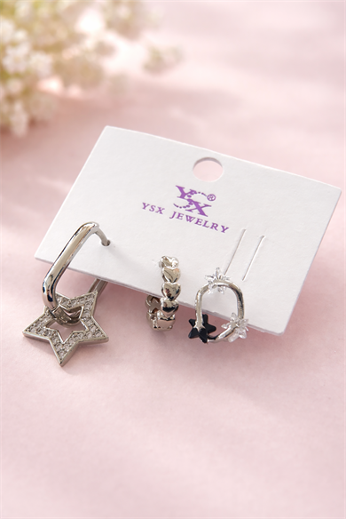 Gümüş Renk Yıldız Figürlü 3lü YSX Küpe Set