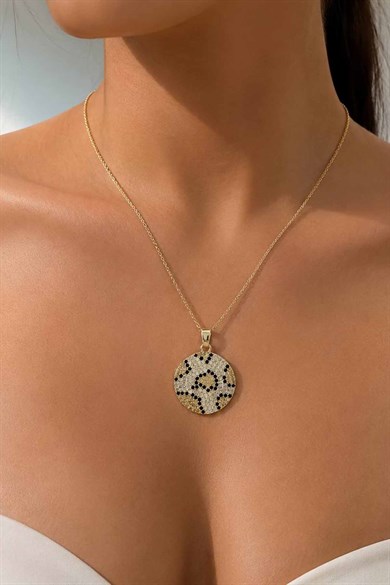 Altın Renk Leopar Desenli Taş Detaylı Tx Kolye
