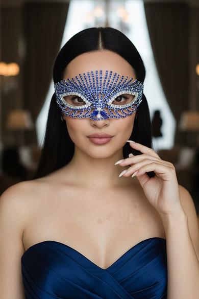 Gümüş Renk Mavi Taş Detaylı Tasarım Parti Maskesi