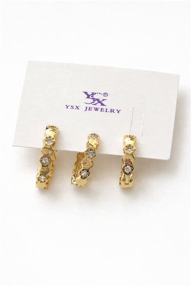 Altın Renk Taş Detaylı 3lü YSX Küpe Set
