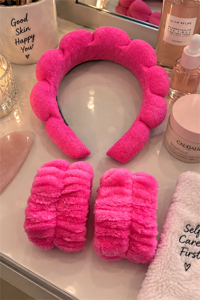 Pembe Renk Spa Taç Ve Peluş Su Emici Havlu Bileklik Set