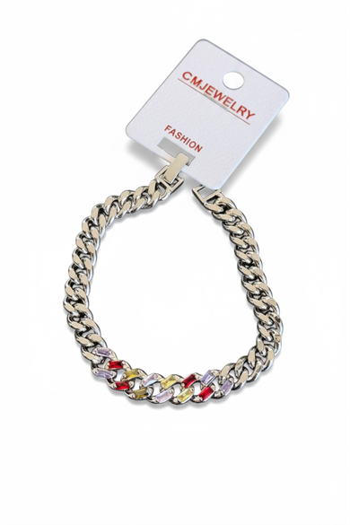 Gümüş Renk 14K Altın Kaplama Taşlı Zincir Bileklik