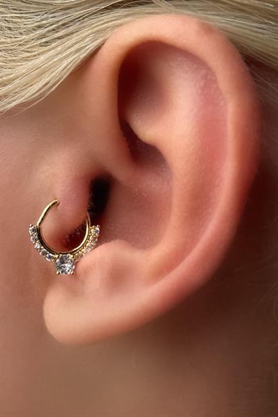 Altın Renk Taş Detaylı Çelik Halka Tragus/Kıkırdak Küpe/Piercing (Tek)