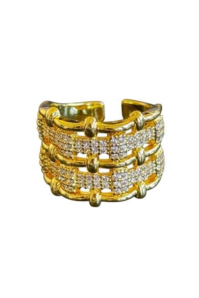 Altın Renk Taş Detaylı Ayarlanabilir Çelik Yüzük