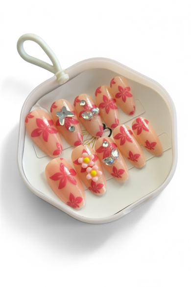 12li Pembe Renk Çiçek Figürlü Takma Tırnak Set (Yapıştırıcılı)