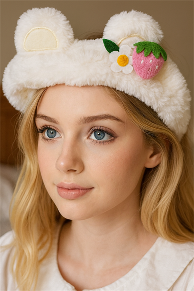 Beyaz Renk Çilek Figürlü Peluş Saç Bandı