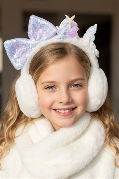 Beyaz Ve Mor Renk Karışık Figürlü Peluş Kulaklık