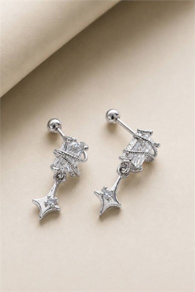 2li Gümüş Renk Taş Detaylı Tx Tragus/Kıkırdak Küpe/Piercing 