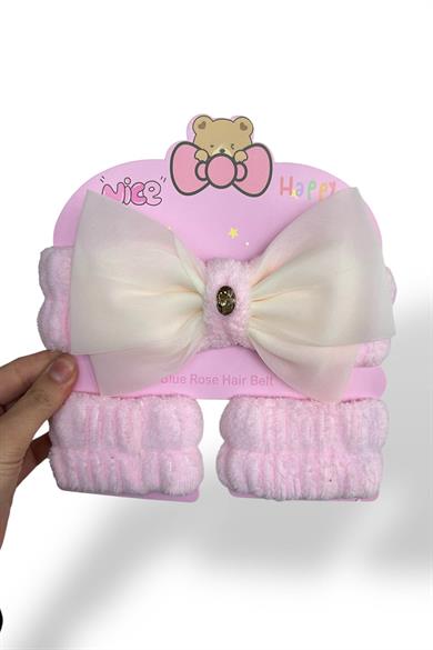 Pembe Renk Fiyonk Detaylı Su Emici Havlu Bileklik Saç Bandı 