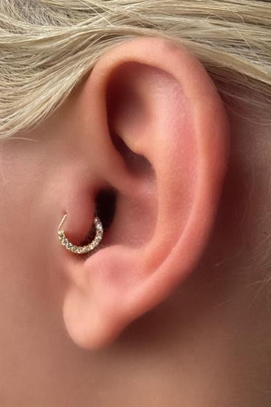 Altın Renk Taş Detaylı Çelik Halka Tragus/Kıkırdak Küpe/Piercing (Tek)