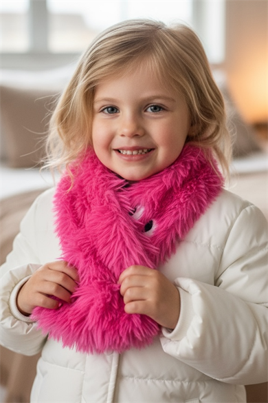 Pembe Renk Göz Detaylı Peluş Çocuk Atkı