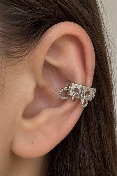 Gümüş Renk Taş Detaylı TX Ear Cuff (Tek)