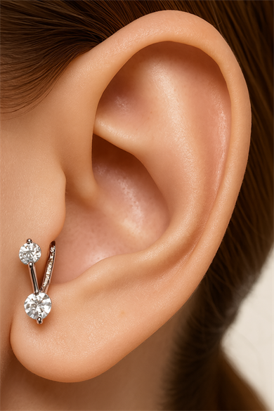 Gümüş Renk Taş Detaylı Tragus/Kıkırdak Küpe/Piercing (Tek)