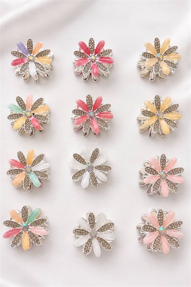 12li Karışık Renk Çiçek Figürlü Taş Detaylı Metal Mandal Toka Set