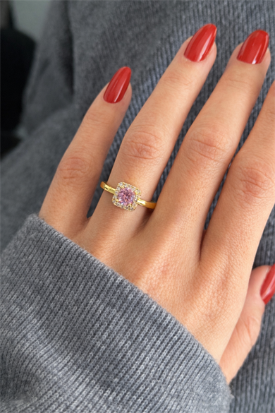 Altın Renk Pembe Taşlı Baget Yüzük (Ayarlanabilir)