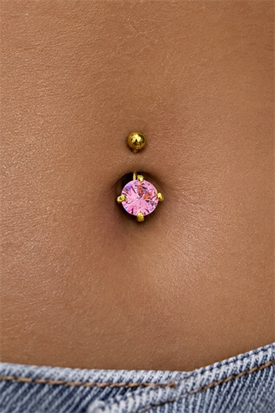 Altın Renk Pembe Taşlı Cerrahi Çelik Göbek Piercing
