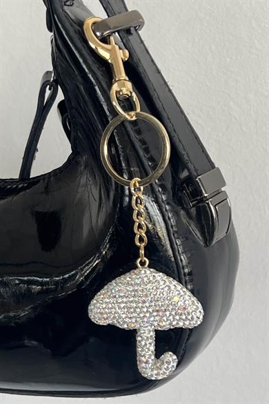 Altın Renk Şemsiye Figürlü Gümüş Renk Taş Detaylı Çanta Charm/ Anahtarlık