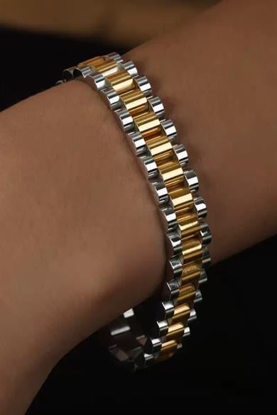 Altın Ve Gümüş Renk Zincir Detaylı Çelik Erkek Bileklik