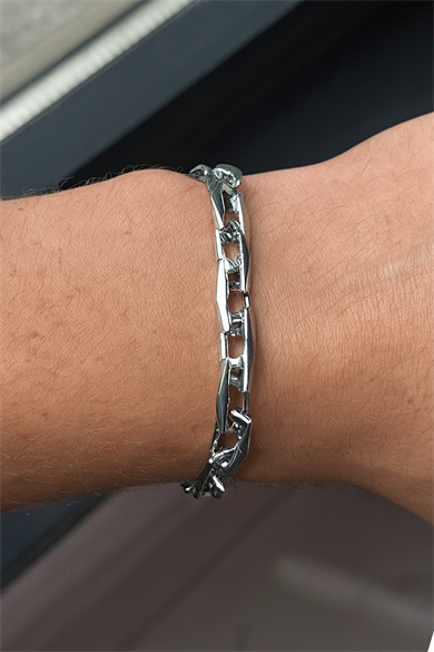 Gümüş Renk Zincir Detaylı Çelik Erkek Bileklik