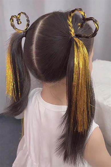 Altın Renk Simli Yan Çıtçıtlı Postiş Hair Tinsel Shiny Hair (50 CM)