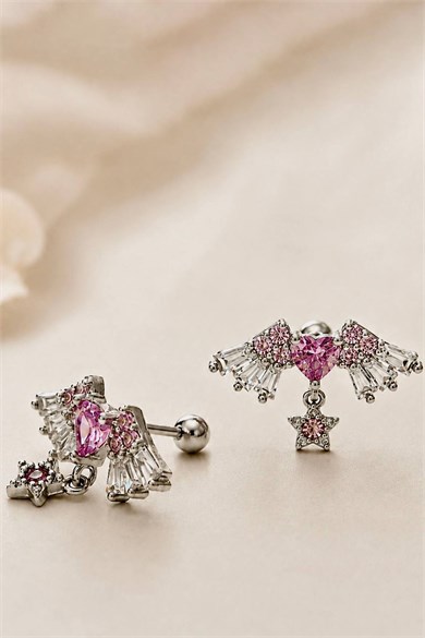2li Gümüş Renk Kalp Ve Yıldız Figürlü Taş Detaylı Tx Tragus/Kıkırdak Küpe/Piercing 