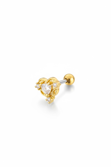Altın Renk Kalp Figürlü Taşlı Cerrahi Çelik Tragus/Kıkırdak Küpe/Piercing (Tek)