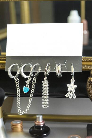 6lı Gümüş Renk Karışık Figürlü Küpe Set
