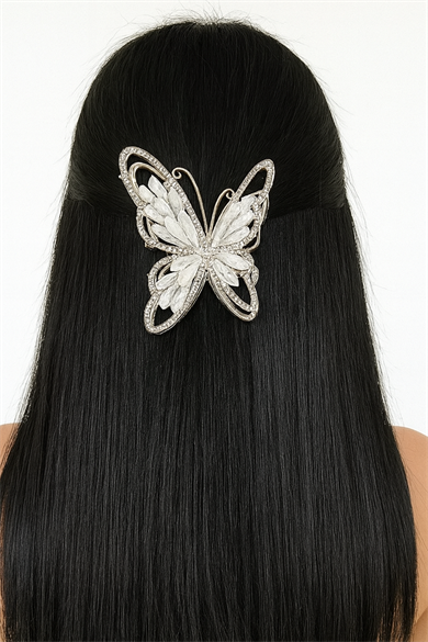 Gümüş Renk Kelebek Figürlü Taşlı Mandal Toka